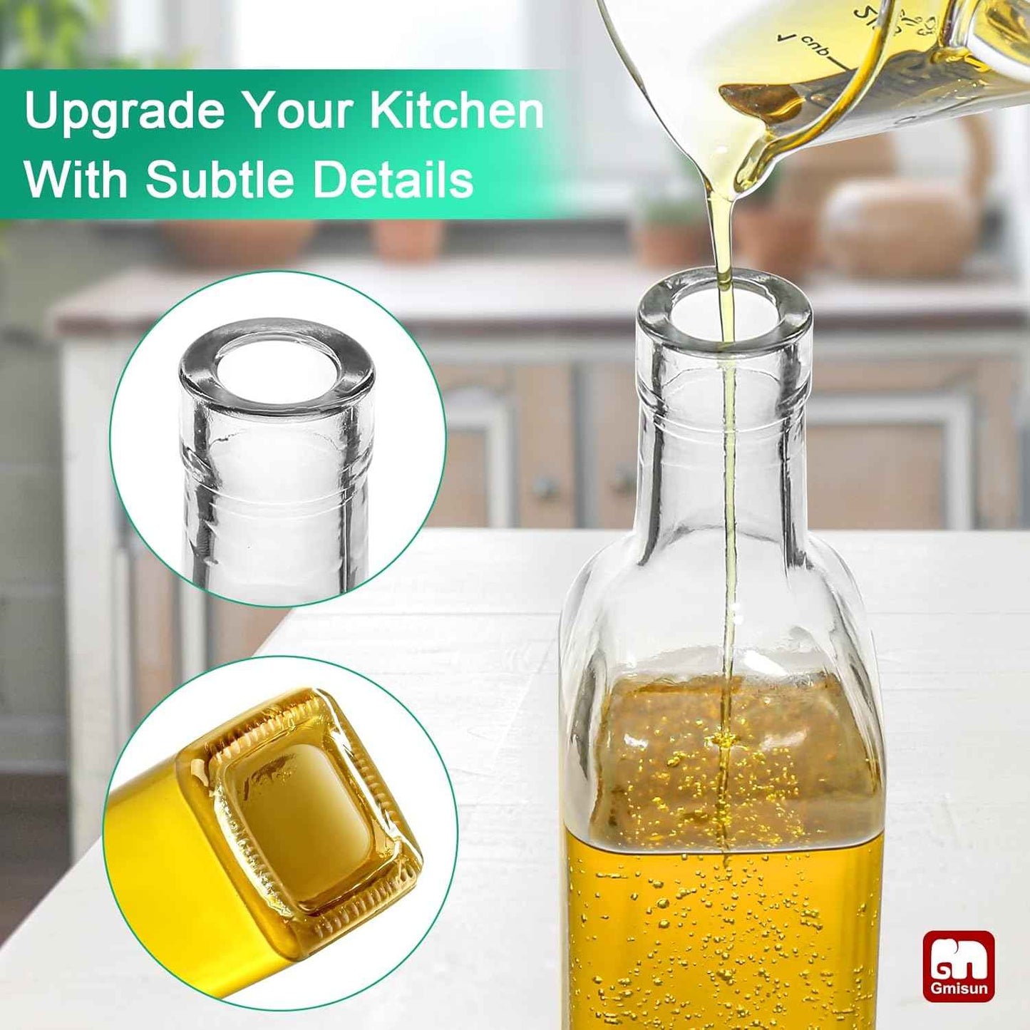 GMISUN Olive Oil Dispenser for Kitchen, 4 Pack 17 fl oz Glass Oil Dispensers Bottle, Cooking Soy Sauce Bottle Container Cruet with Plastic Pourer Spout, Funnel and Labels, Clear