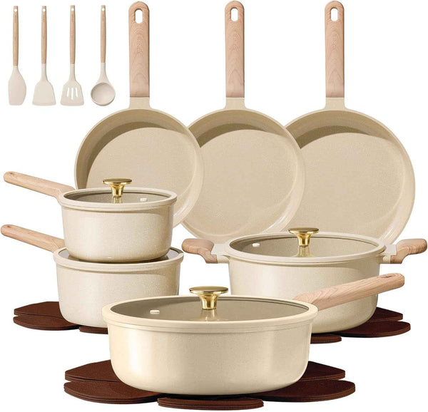 CAROTE 14Pcs Pots and Pans Set Non stick, Ceramic Cookware Set, Non-toxic Kitchen Cooking Set, PFAS and PFOA Free