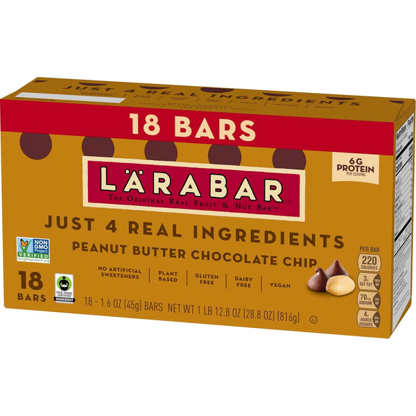 larabar peanut butter chocolate chip bars, 28.8 oz, 18 ct, gluten free, vegan