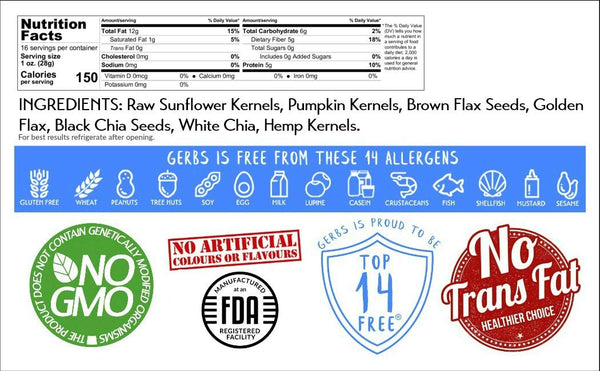 Gerbs Super 7 Seed Snack Mix 1 lb bag, raw, no artificial additives, resealable