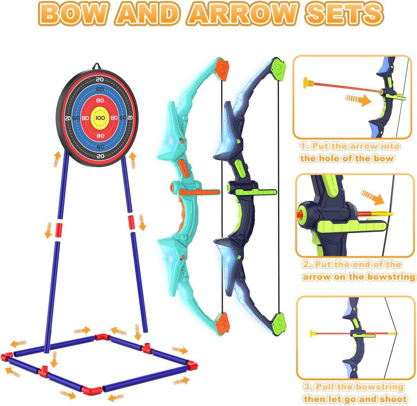 Kmuxilal 2 Pack Kids Bow and Arrow Set with LED Flash Lights, 14 Suction Cup Arrows and Fluorescence Standing Target-Perfect Indoor and Outdoor Game Archery Set Toy Gift for 4 5 6 7 8-12 Year Old Boys