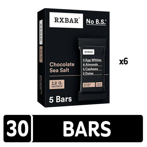 Chocolate Sea Salt RXBAR Protein Bars, 12g Protein, Gluten Free Snacks, 6 Boxes, 30 Bars