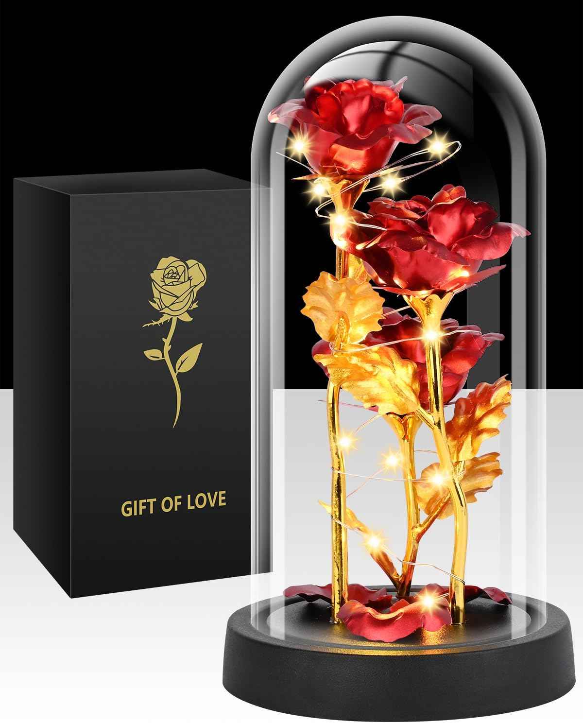 Valentines Day Rose Gifts for Her, Womens Gift for Birthday Gifts for Women Mom Wife Girlfriend, Light Up Rose in A Glass Dome, Rose Gifts for Valentines, Mothers Day, Womens Day (Red)