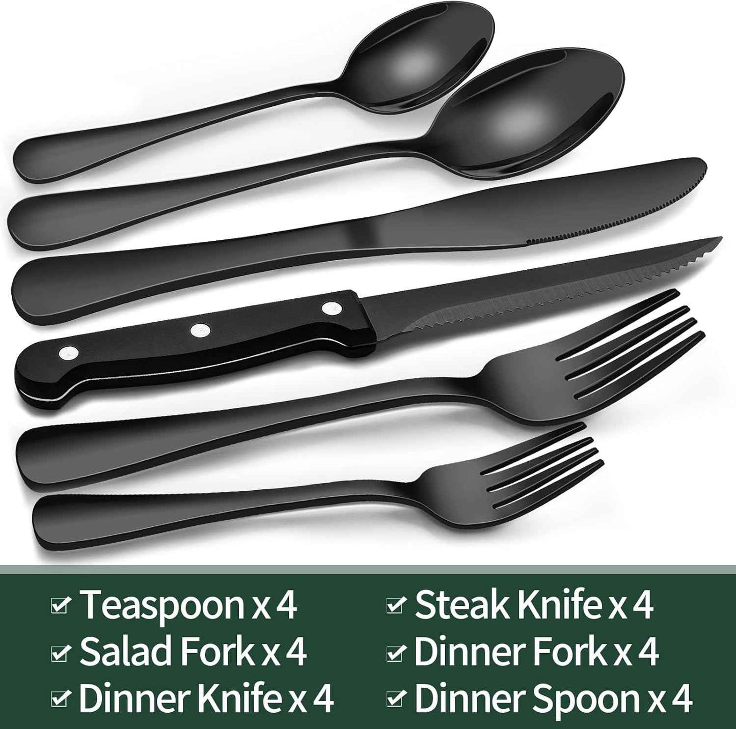 EWFEN 24-Piece Black Silverware Set with Steak Knives, Flatware for 4, Food-Grade Stainless Steel Tableware Cutlery Set, Mirror Finished Utensil Sets Home Restaurant