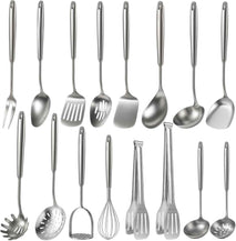 Newness 16 Pcs Cooking Utensils Set, 304 Stainless Steel Kitchen Utensils Set, Metal Kitchen Accessories, Include Soup Ladle, Slotted Skimmer Spoon, Spaghetti Spoon and Spatula, Dishwasher Safe