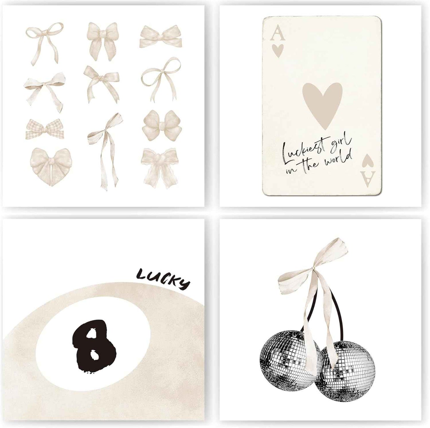 okaxscm Sage Green Coquette Trendy Preppy Wall Art Prints Set of 4, Coquette Preppy Room Decor Aesthetic, Green Bow Disco 8 Ball Cherry Wall Decor Posters for Girls Bedroom Dorm, 8x10 Unframed