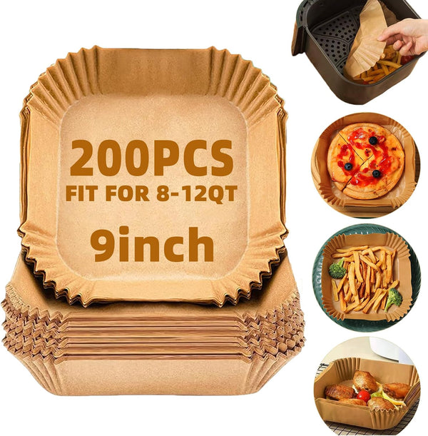 Air Fryer Liners Disposable, LYHOLKEER 200PCS 8" Square Parchment Paper, Non-Stick & Oil-Proof, Unbleached, Fits Ninja AF141 5 QT AF181 6.5QT, Cosori, Chefman, Instant Pot 6 QT, Other 5-8QT Air Fryers