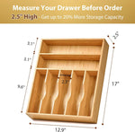 Bamboo kitchen drawer organizer with 7 slots and 6 silicone feet