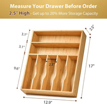 Bamboo kitchen drawer organizer with 7 slots and 6 silicone feet