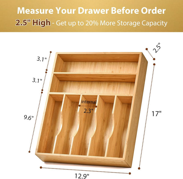 Bamboo kitchen drawer organizer with 7 slots and 6 silicone feet