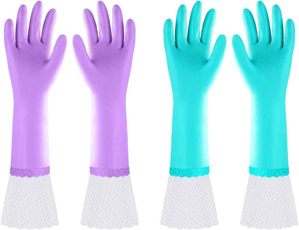 Elgood Reusable Dishwashing Cleaning Gloves with Latex free, Cotton lining,Kitchen Gloves 2 Pairs,Purple+blue Medium