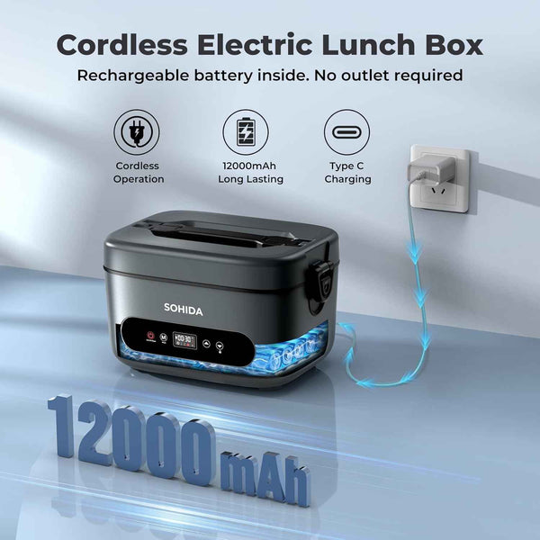 100W Cordless Electric Lunch Box for Adults, Rechargeable Battery Powered Heated Lunch Box with 5-Sided Heating for Work and Outdoor Use