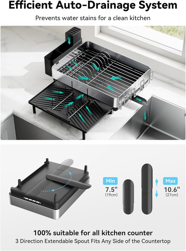 304 Stainless Steel Expandable Dish Drying Rack for Kitchen Counter