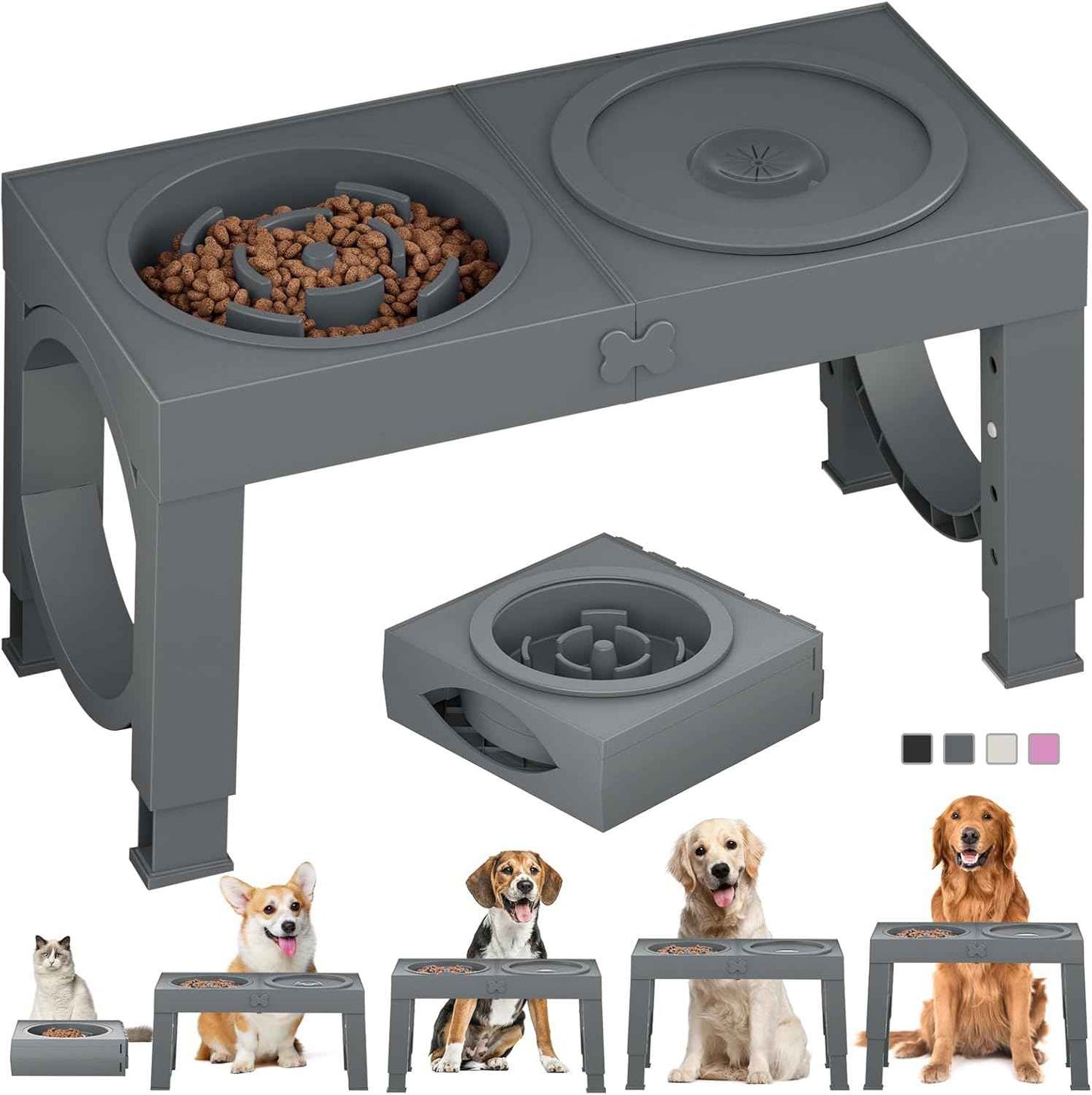 XIAZ Elevated Dog Bowls Large Breed Raised Dogs Bowl Stand Large/Medium Sized Dog 1L Food Water Bowl Stands 5 Heights Adjustable 9/11/12/14in Black Pet Feeder Dish Station
