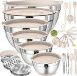 26-piece stainless steel mixing bowls set with airtight lids, grater attachments, and kitchen gadgets, sizes 7, 4, 2.5, 2.0, 1.5, 1QT, non-slip bottoms, great for mixing and serving