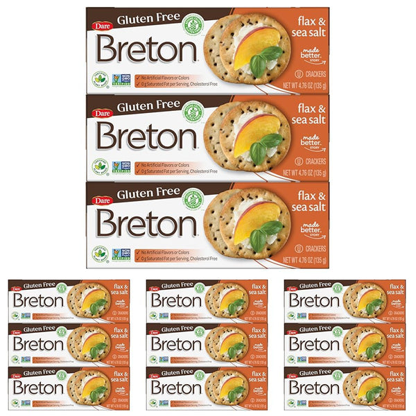 Breton Gluten Free Flax & Sea Salt Crackers (Pack of 3) - Non-GMO, Plant-Based, For Snacking, Dips, Cheese and Spreads, 3x4.76oz