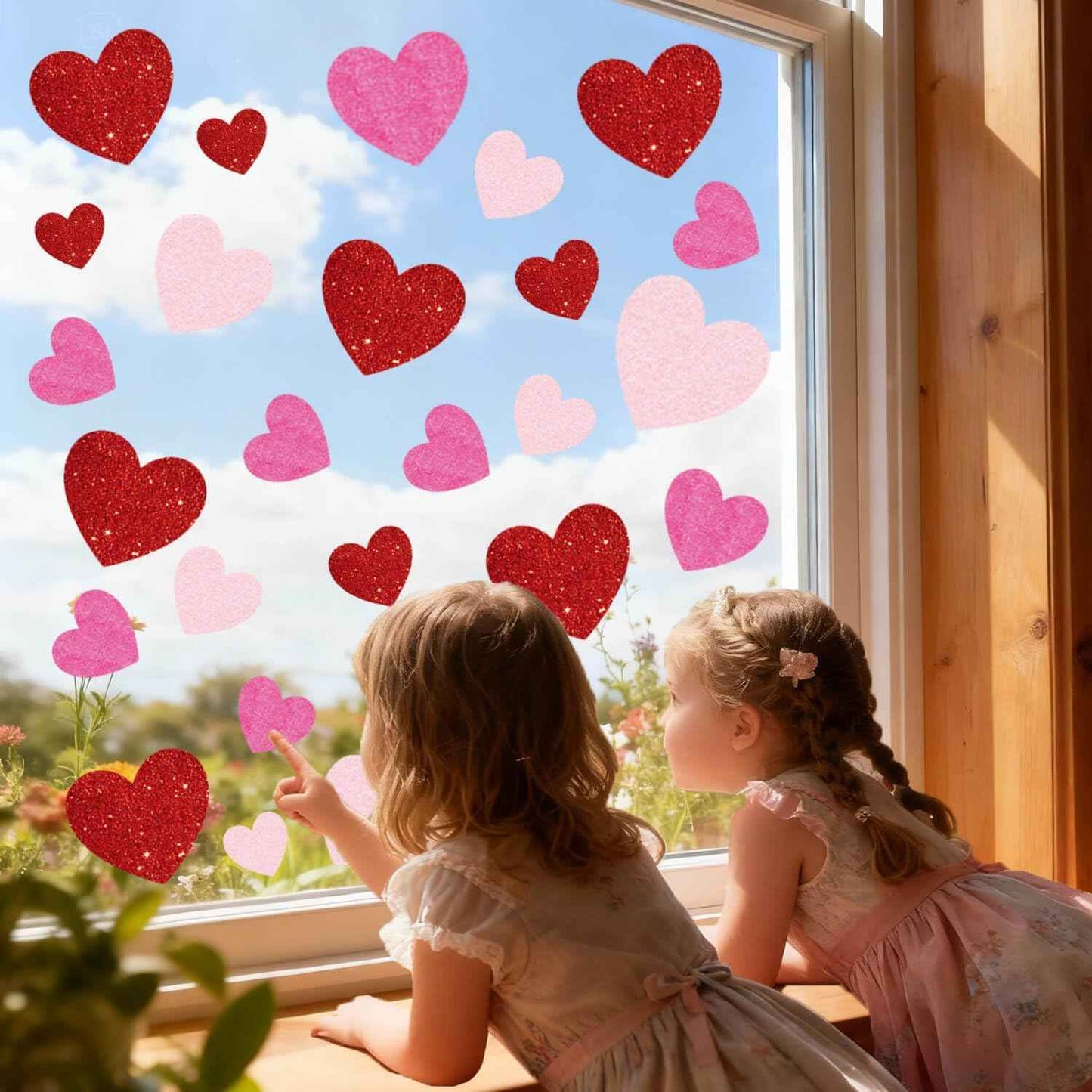 9 Sheets Valentines Day Window Clings Decoration, Glitter Heart Stickers Decor for Galentine's Day, Red Pink Decals for Home, Office, Classroom, Glass Doors