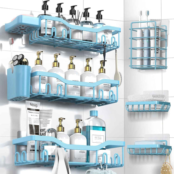 Shower Caddy Adhesive Shower Organizer 7-Pack, Rustproof Stainless Steel Bathroom Shelves, Large Capacity No-Drill Rack Storage Accessories with Soap Dish Toothbrush Holder &24 Hooks Home Decor