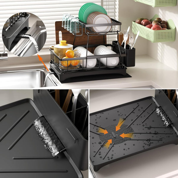 2-Tier Dish Rack with Auto-Drain and Mat for Kitchen Counter