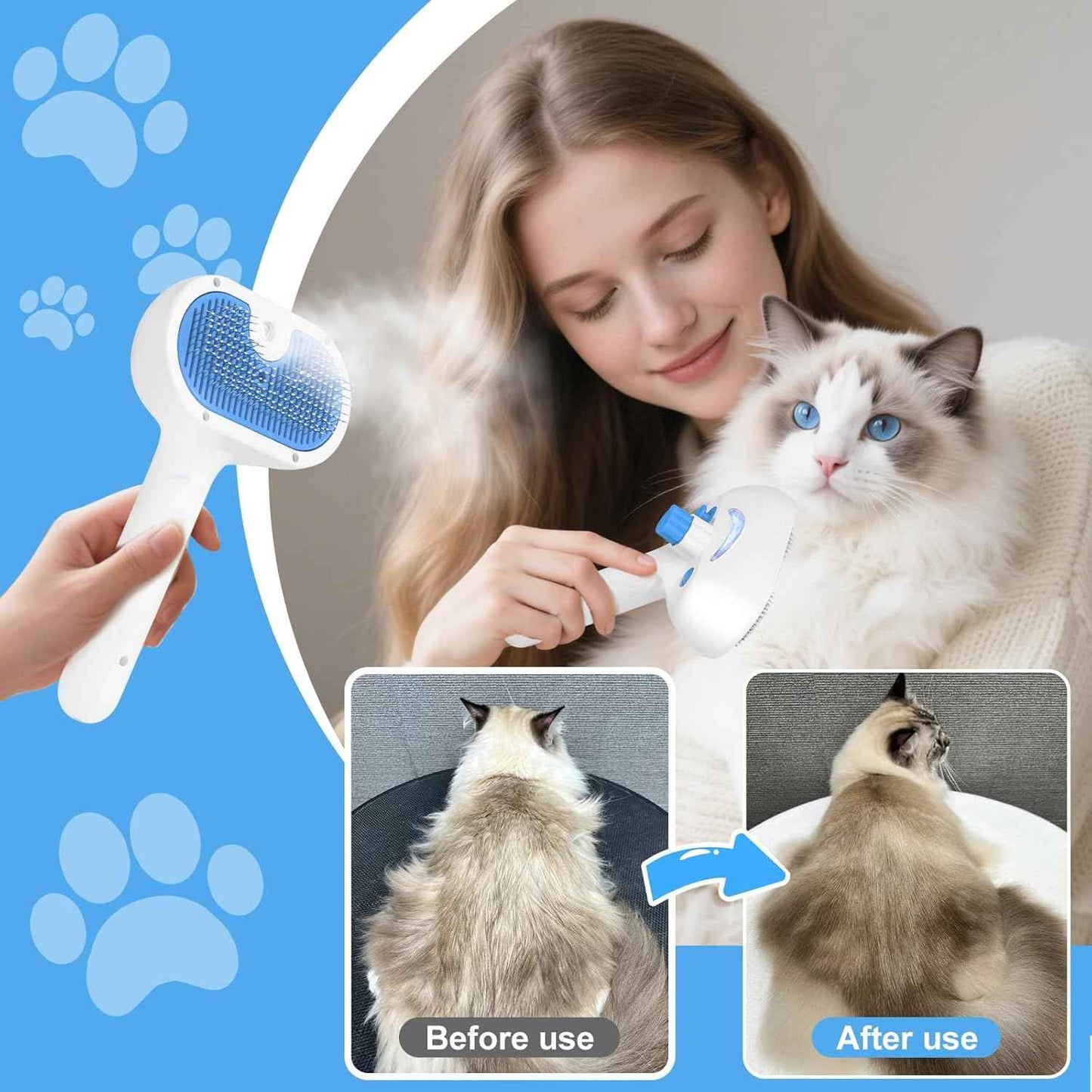 Pet Steam Brush for Dog & Cat - 3-in-1 Steam Grooming Brush for Shedding & Hair Removal - Self Cleaning Spray Comb with Mist for Long Haired Pets - Includes 1*Waterless Shampoo, Blue.