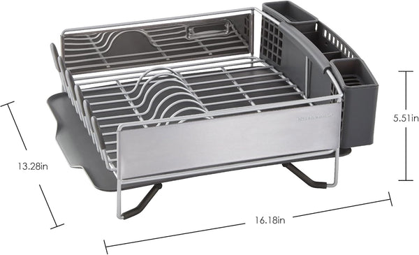 Compact kitchen dish rack with removable flatware caddy and angled drainboard