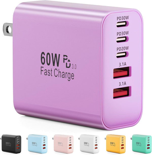 60W 5-Port USB C Charger Block with Fast Charging and Multiple Ports