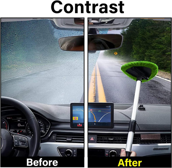 Windshield cleaning tool with 4 washable microfiber pads, extendable long handle, and reusable cleaner kit for auto, office, and home in green