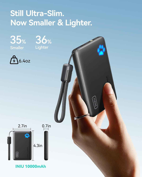 INIU Portable Charger Ultra Slim 45W Fast Charging with 10000mAh PD Power Bank Battery Pack and Attached USB C Cable