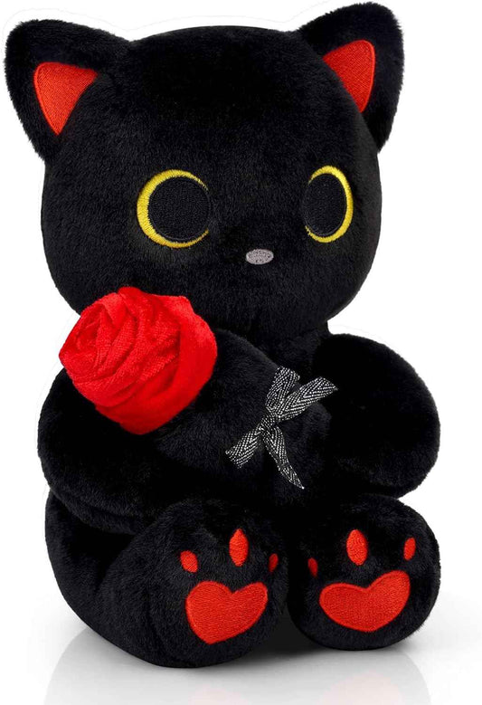 Black Cat Plush Holding Rose, 8 Inch Kawaii Valentines Plushies with Bow & Heart, Cute Plush Toy Soft Valentine's Day Gift for Her, Girlfriend, Wife, Kids
