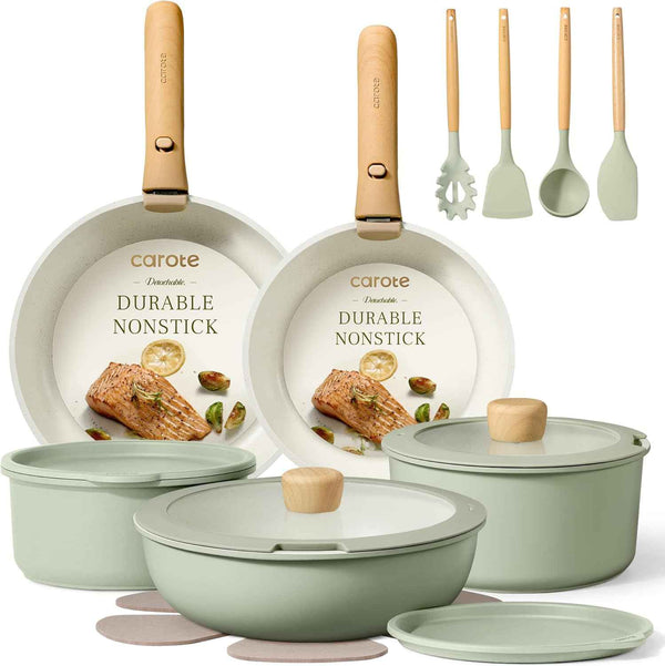 CAROTE 19pcs Nonstick Cookware Set with Detachable Handle, Induction Ready, Oven Safe, Sage Green, RV Cookware