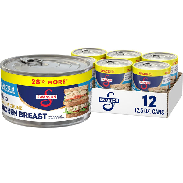 Swanson White Premium Chunk Chicken Breast with Rib Meat in Water, 12.5 oz (Pack of 2) for Salads or Recipes