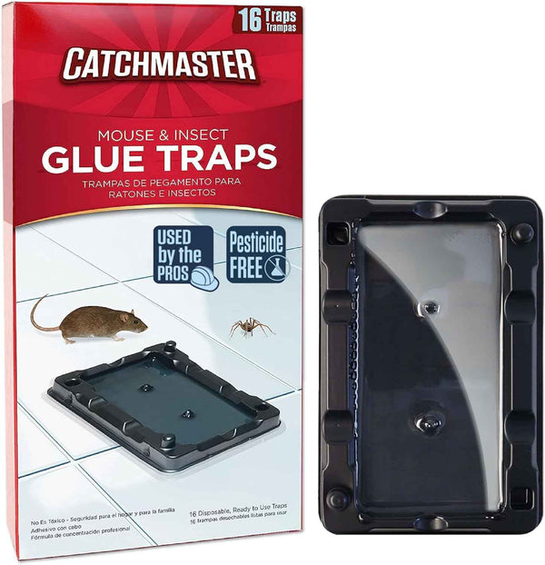 catchmaster 16pk mouse & insect glue traps, adhesive rodent & bug catcher for indoor pest control