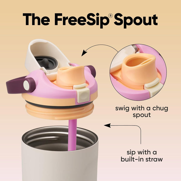 Insulated stainless steel water bottle with two-way spout and built-in straw