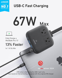 Anker Travel Power Strip, Anker Nano 67W Max 6-in-1 USB C Charger, 2 AC, 2 USB A and 2 USB C, 5ft Thin Undetachable Flat Plug Extension Cord with Multiple Outlets, Travel Essentials, Cruise Essentials