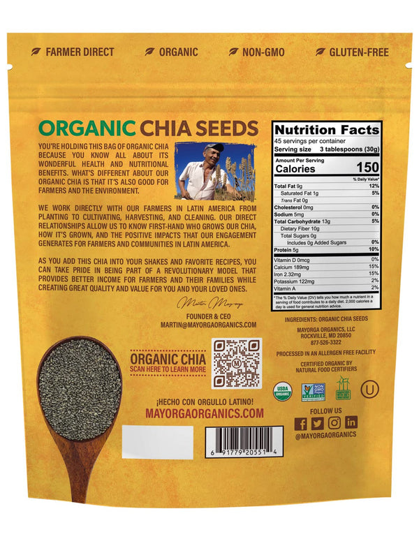Mayorga Organic Raw Chia Seeds, 3lb Resealable Bag | Superfood w/Plant-Based Omega 3 & Vegan Protein | USDA Certified, Gluten-Free, Non-GMO, Direct Trade, Kosher | Add to Breakfast, Oats & More