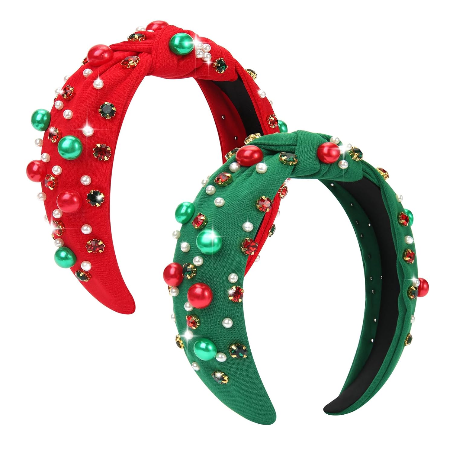 2 Pcs Christmas Headband for Women Pearl Knotted Headband Red Green Pearl Rhinestone Crystal Jeweled Hairbands Fashion Ladies Hair Band Hair Hoop Accessories Holiday Outfits Headpiece (Red and Green)