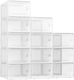 Kuject X-Large Shoe Storage Boxes Organizers Clear Plastic Stackable 12 Pack, Shoe Rack & Holder Substitute, Sneaker Containers, Toy Storage Organizer Bins for Entryway, Closet, Under Bed, Black
