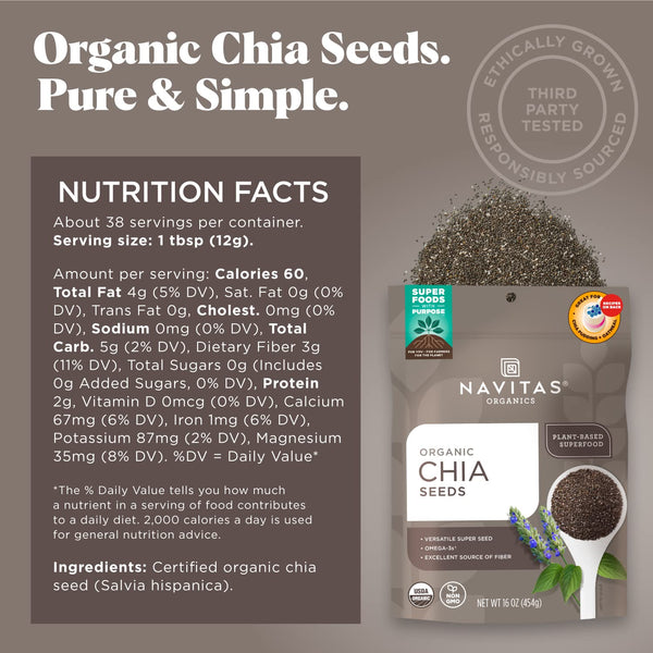 Navitas Organics USDA Organic Non GMO Superfood Chia Seeds 16oz Bag 15 Servings Omega 3 Fiber Minerals