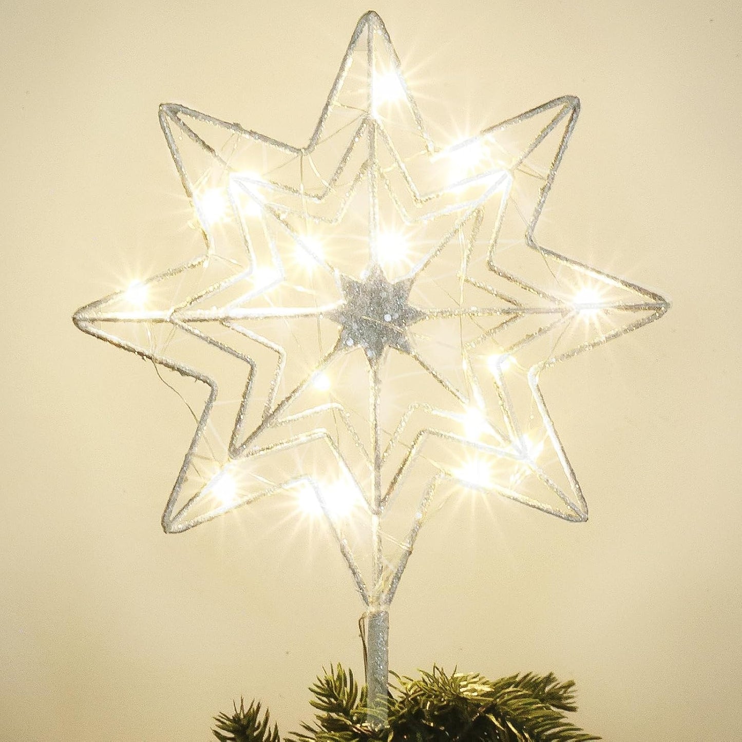 hogardeck Christmas Tree Topper, 11 Inches Lighted Gold Glittered 8-Point Star Tree Topper, 30 LED Sparkling Tree Toppers Christmas Decorations, Battery Powered Timer Xmas Treetop Star Decor