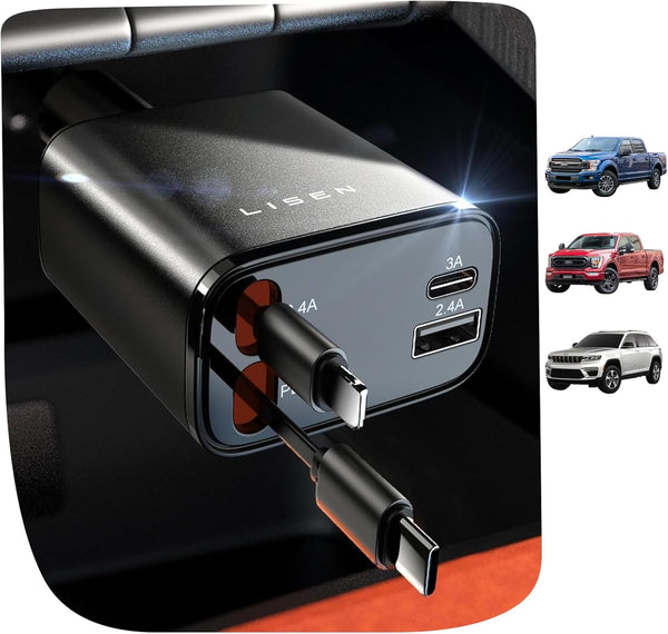 LISEN Retractable Car Charger, 84W Car Charger USB C Fast Charger Adapter for iPhone, Car Accessories for Men Women, Gifts for Fathers Day for Men Dad Husband, for iPhone 17 16 15 14 13 12 11 Samsung