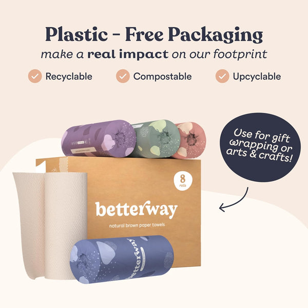 Betterway Bamboo Natural Brown Paper Towels - 8 Rolls, 2 Ply, 110 sheets - Plastic Free, PFAS Free, Disposable Kitchen Paper Towels - Select Size, Tree Free, Compostable, Strong & Absorbent - Rayz Mart