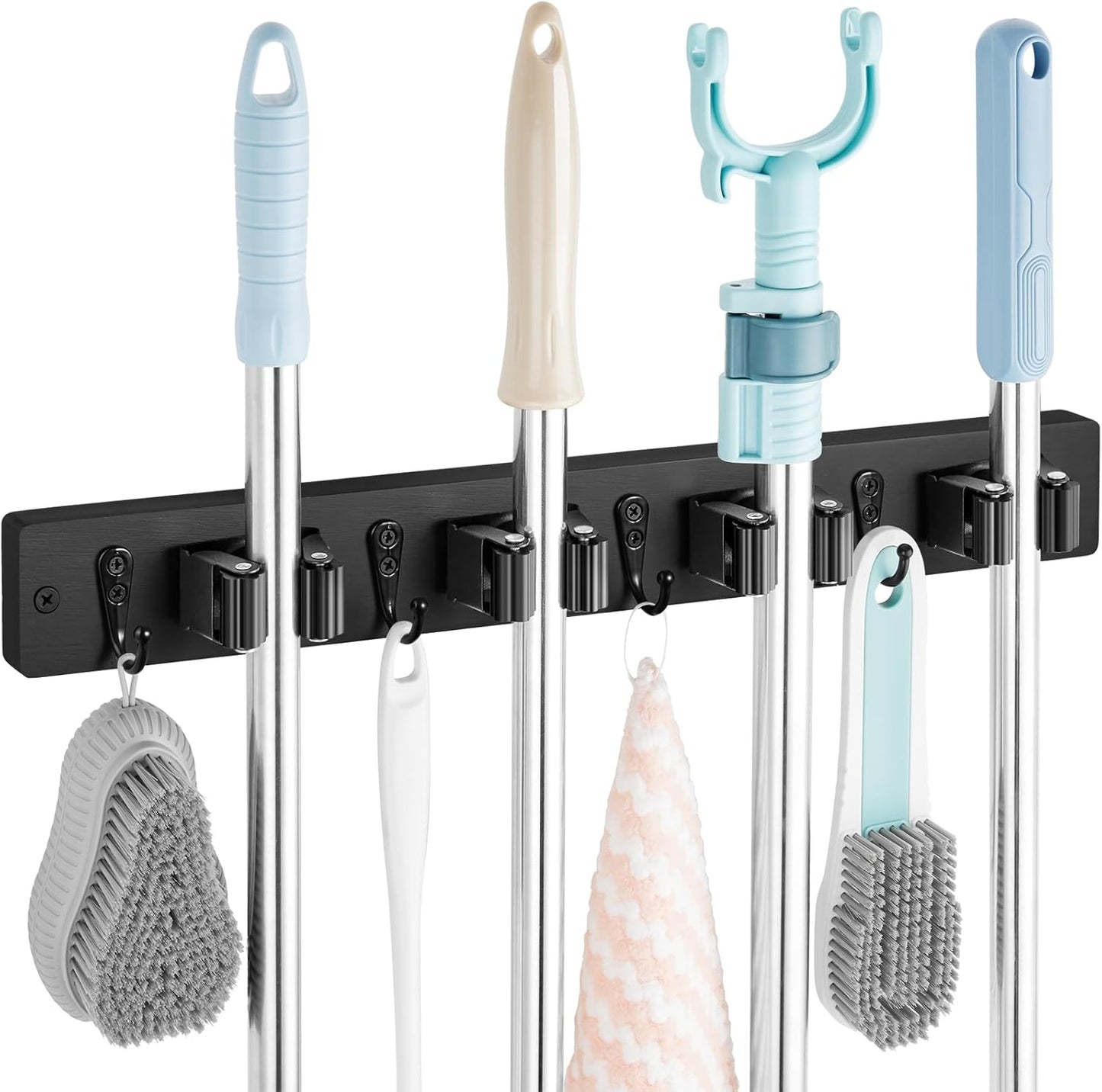 Mop and Broom Holder Wall Mount - Rustic Wood Broom Mop Hanger - Wall Mounted Garden Tool Rack Organizer for Closet Garage Laundry Room Kitchen Decor With 4 Slots & 4 Hooks - Rayz Mart