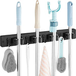 Mop and Broom Holder Wall Mount - Rustic Wood Broom Mop Hanger - Wall Mounted Garden Tool Rack Organizer for Closet Garage Laundry Room Kitchen Decor With 4 Slots & 4 Hooks - Rayz Mart