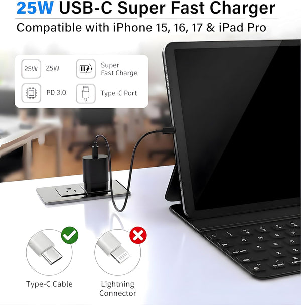 25W USB C Charger Block with 6ft and 10ft Cables for Samsung and iPhone
