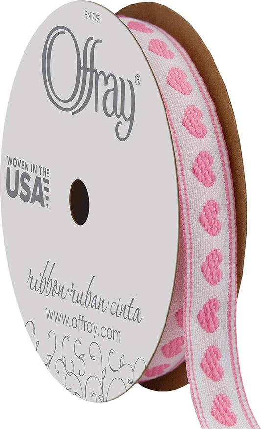 Offray 1/2" Wide Heart Pattern Ribbon for Crafts and Decoration, 9-Foot, Pink