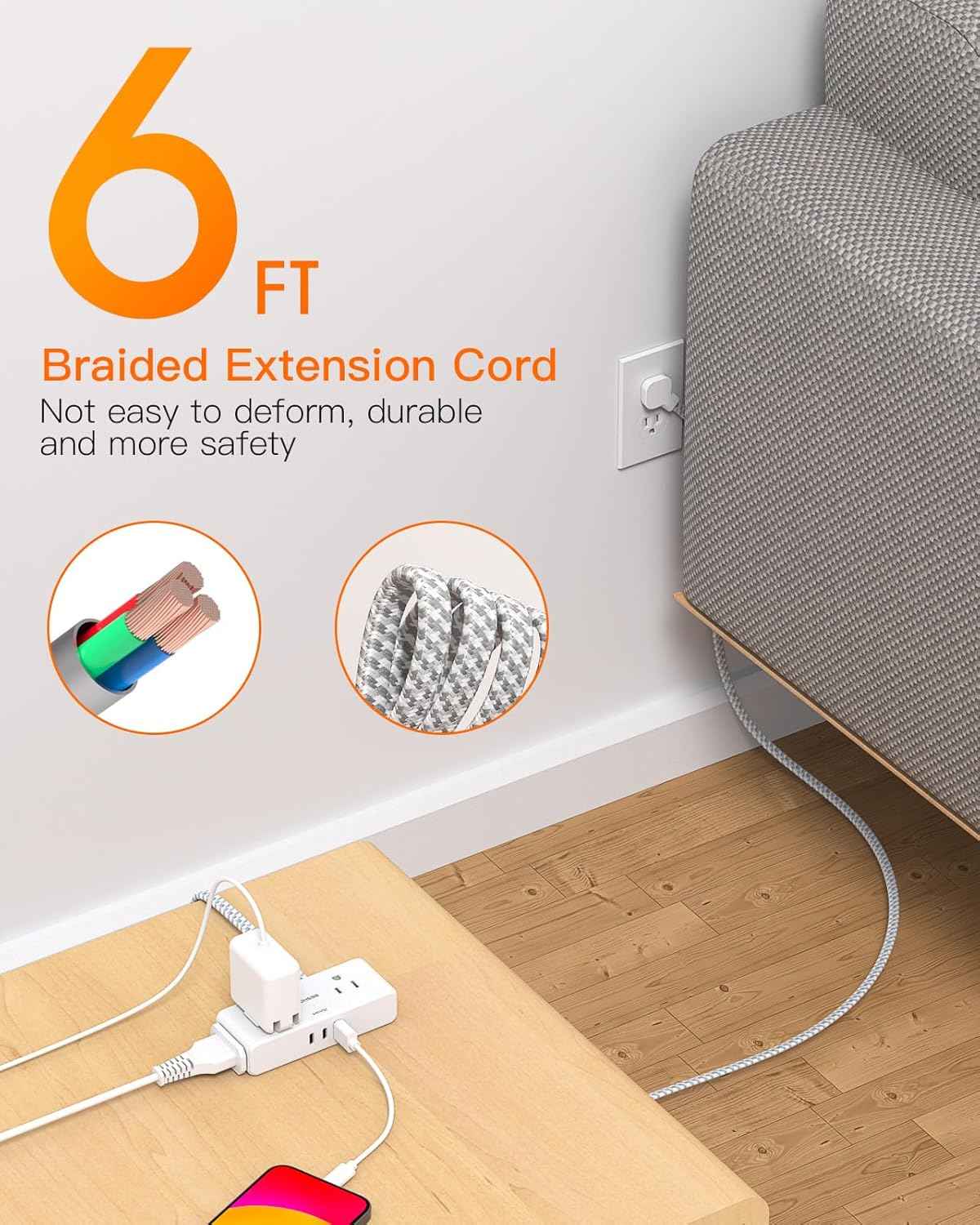 Flat Extension Cord 6 feet, Flat Plug Power Strip, 4 Widely Outlets with 3 USB Ports (2 USB C), 3 Side Outlet Extender with Extension Cord with Multiple Outlets for Home, Office, Dorm Room Essentials