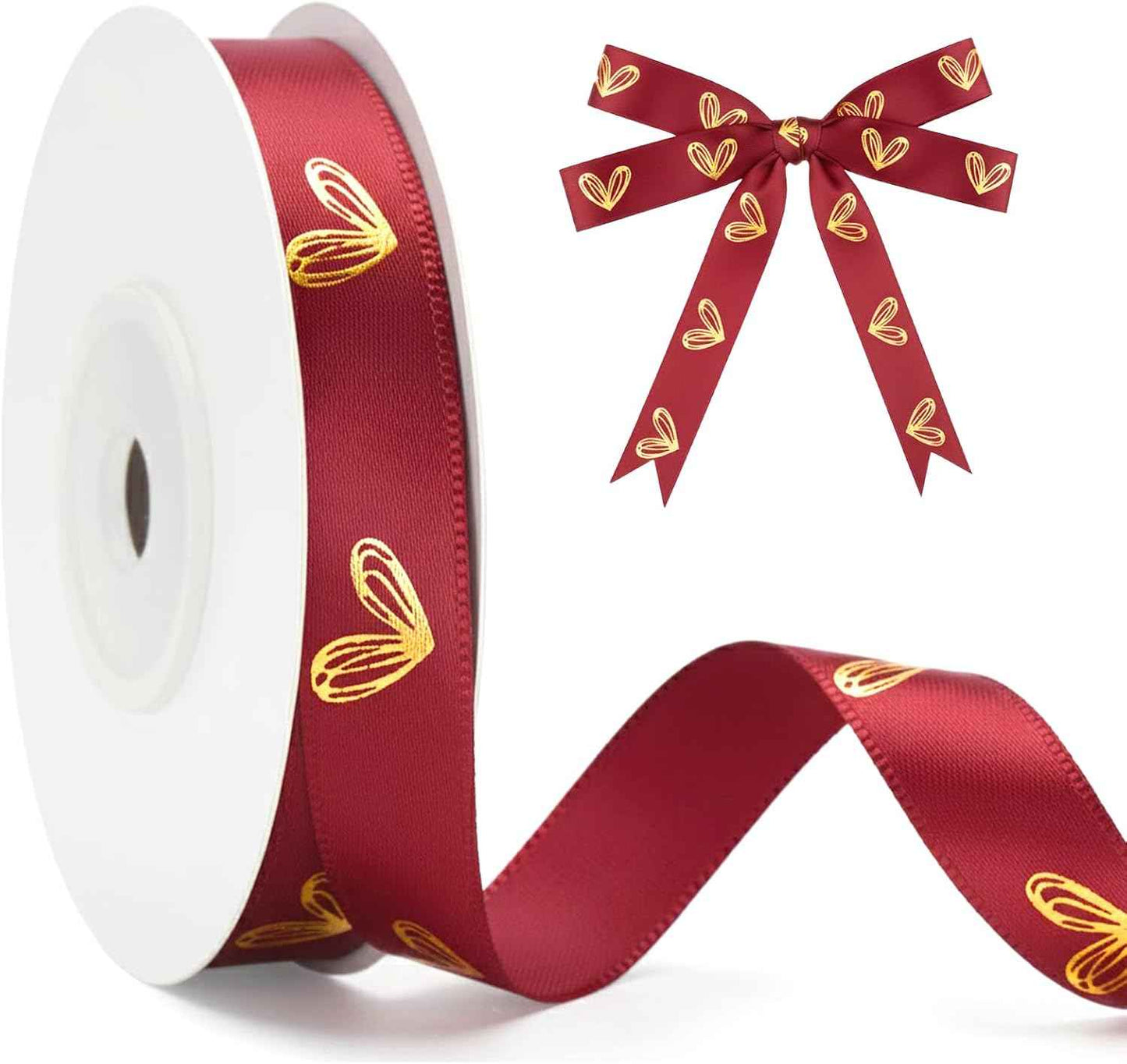 KINGLAKE Valentine's Day Ribbon Red - 1/2'' x 20 Yds Red Heart Satin Ribbon for Gift Wrapping Valentine Ribbons with Gold Heart for Crafts Flower Bouquet Party Home Decorations