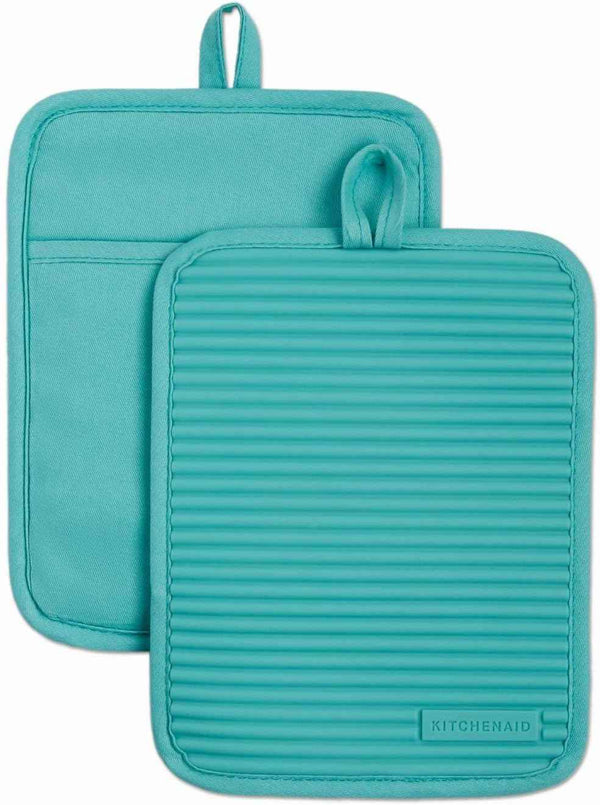 KITCHENAID Ribbed Soft Silicone Pot Holder 2-Pack Set, Matte Black, 7"x9"