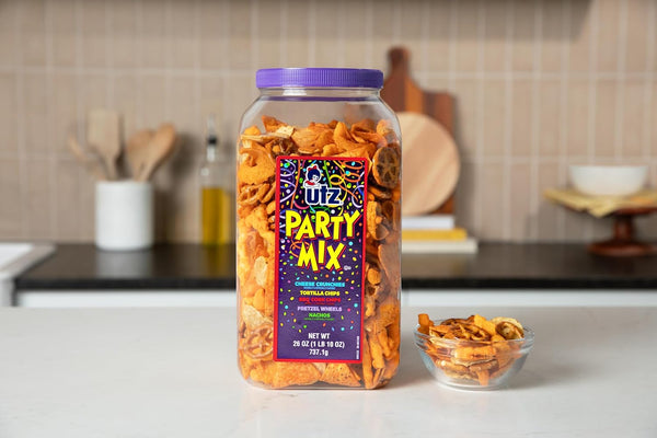 Utz Party Mix snack mix includes corn tortillas, pretzels, and cheese curls, 1.62 pounds, resealable container