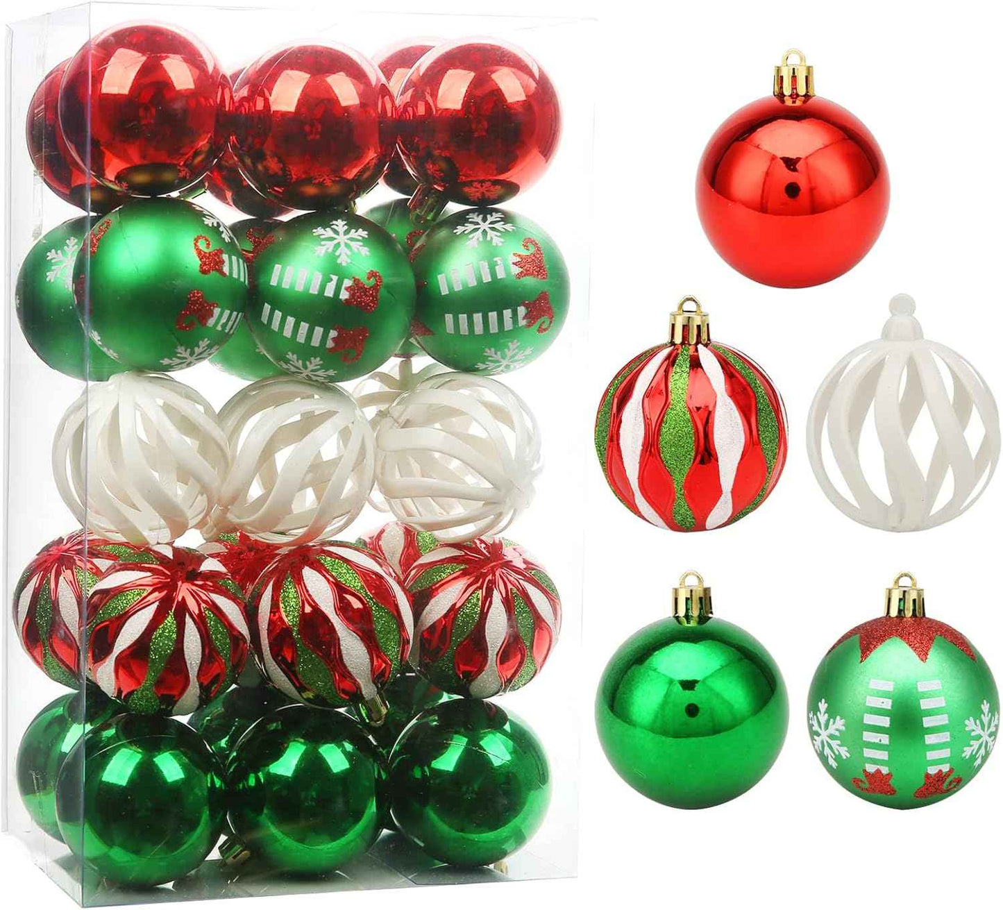 ROSELEAF 30ct 2.36" Shatterproof Christmas Tree Ornaments - Red, Green, Gold Plastic Hanging Balls - Christmas, Wedding And Engagement Occasion